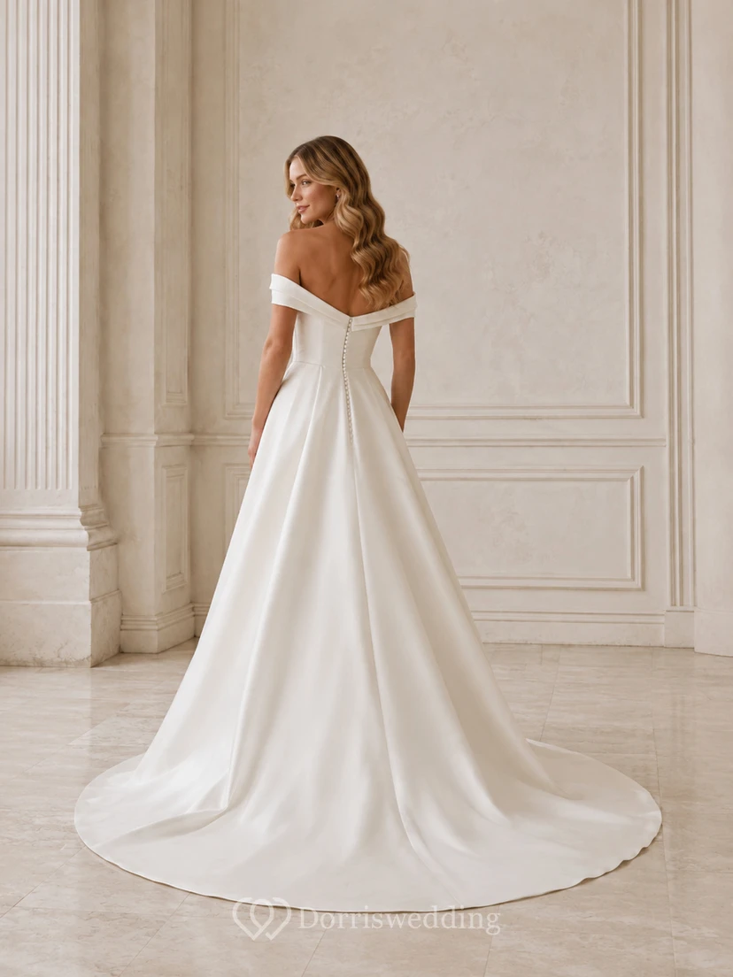 Minimalist Satin Wedding Dress A-Line Off Shoulder Court Train Low V Back Bridal Gown view 2