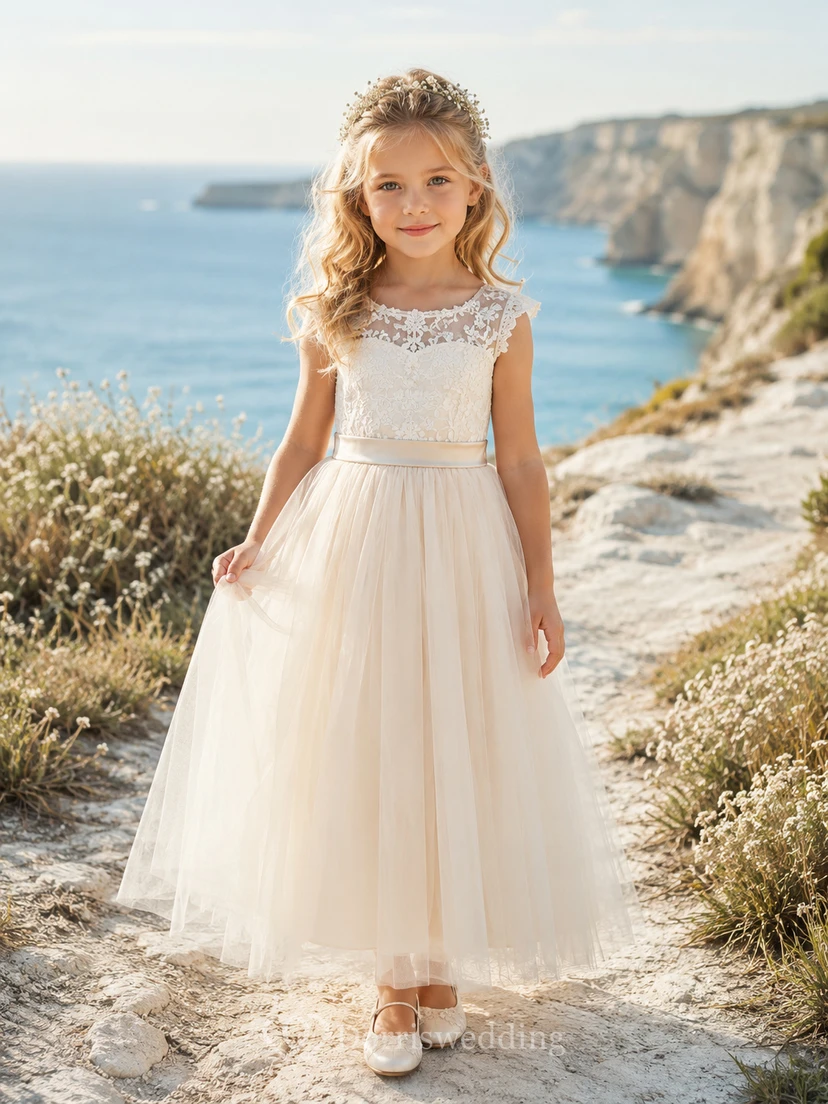Vestido de novia de corte A para damita de honor, de encaje y tul, largo hasta el suelo, con mangas cortas, estilo costero y corpiño floral.