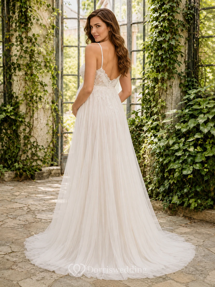 Maternity Wedding Dress Spaghetti Strap Sweetheart A-Line Tulle Garden Gown with Train view 2