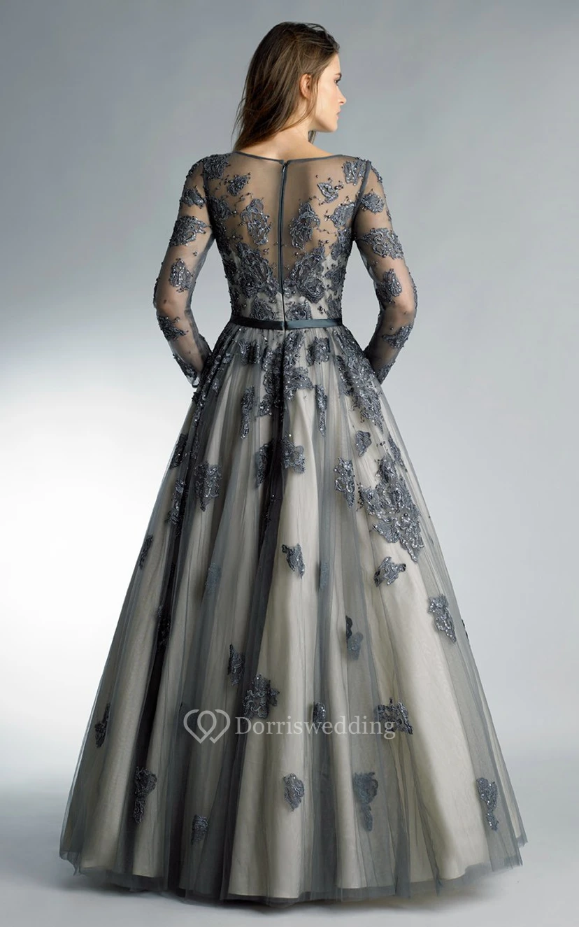 A-line Floor-length High Neck Long Sleeve Tulle Zipper Dress view 3