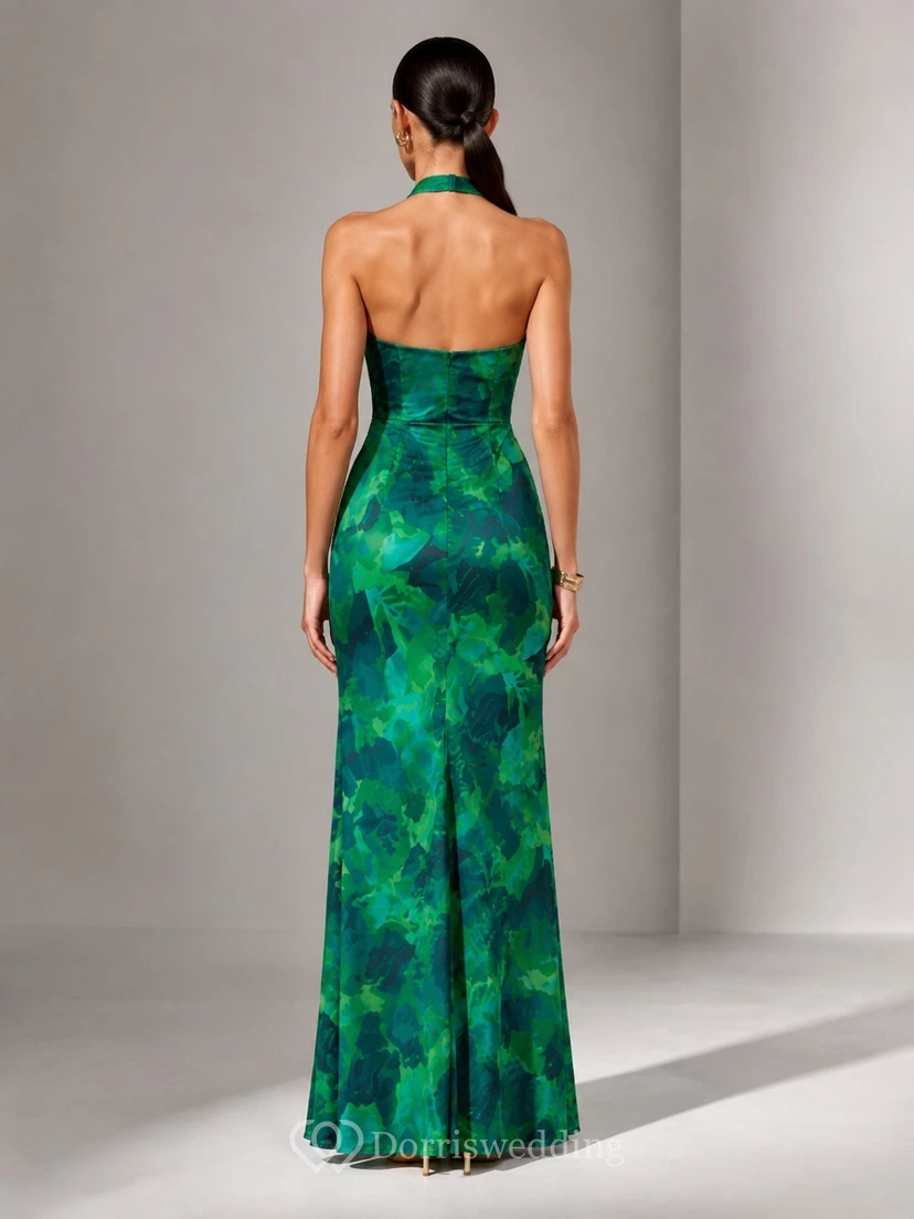 Emerald Blue Floral Halter Sleeveless Chiffon Split Front Evening Dress view 2