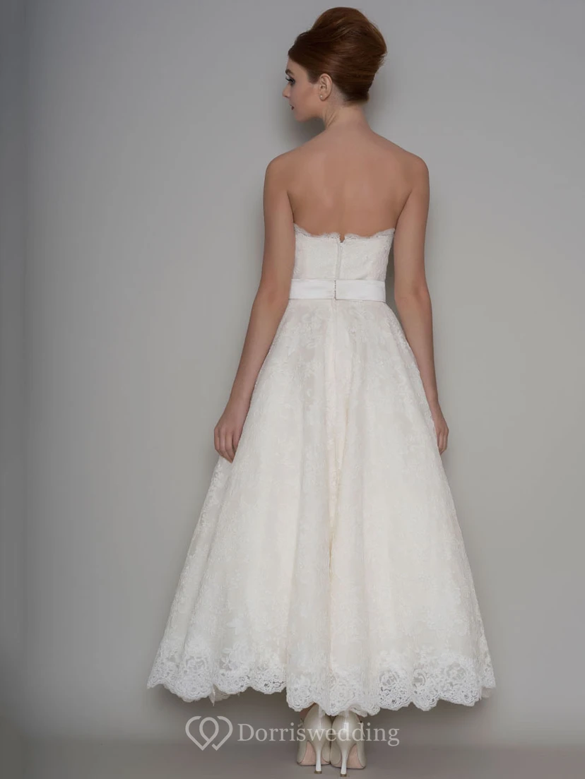Ankle-Length A-Line Appliqued Strapless Lace Short Wedding Dress With Bow view 2