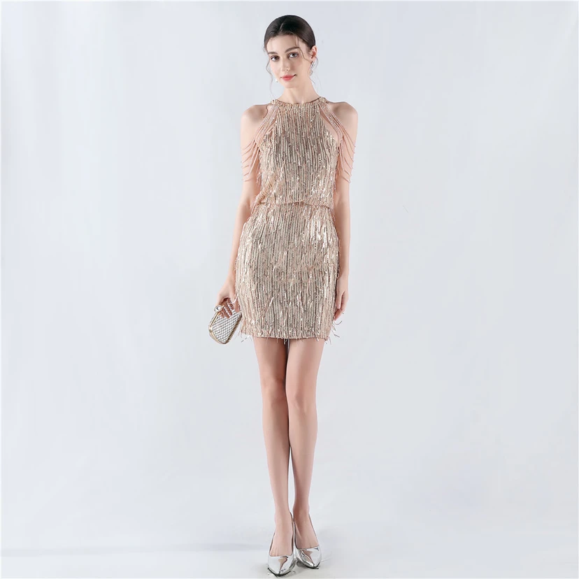 Tassel Sequined Halter Neck Beaded Sexy Hip-Wrapped Nightclub Short Dress view 5