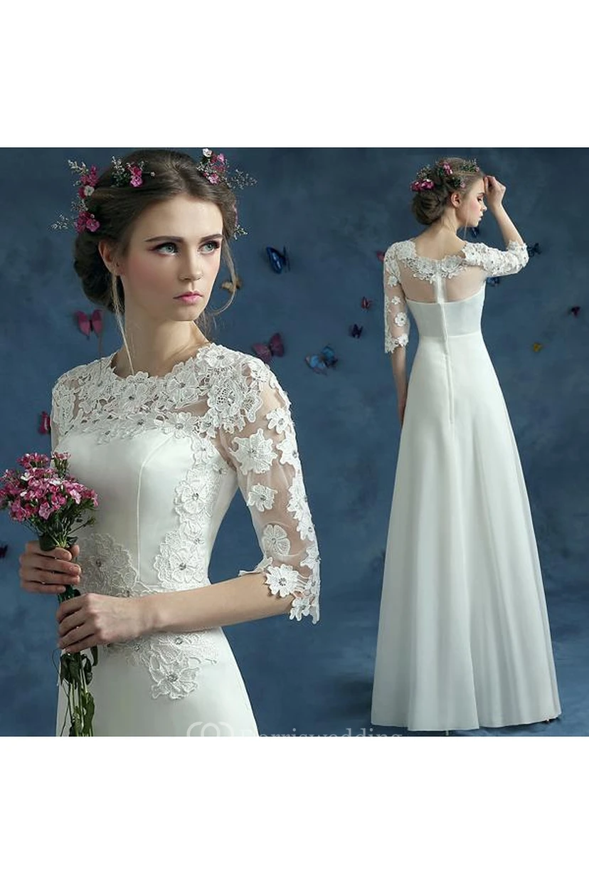 Elegant Lace Half Sleeve Wedding Dress Illusion Zipper Floor-length view 2