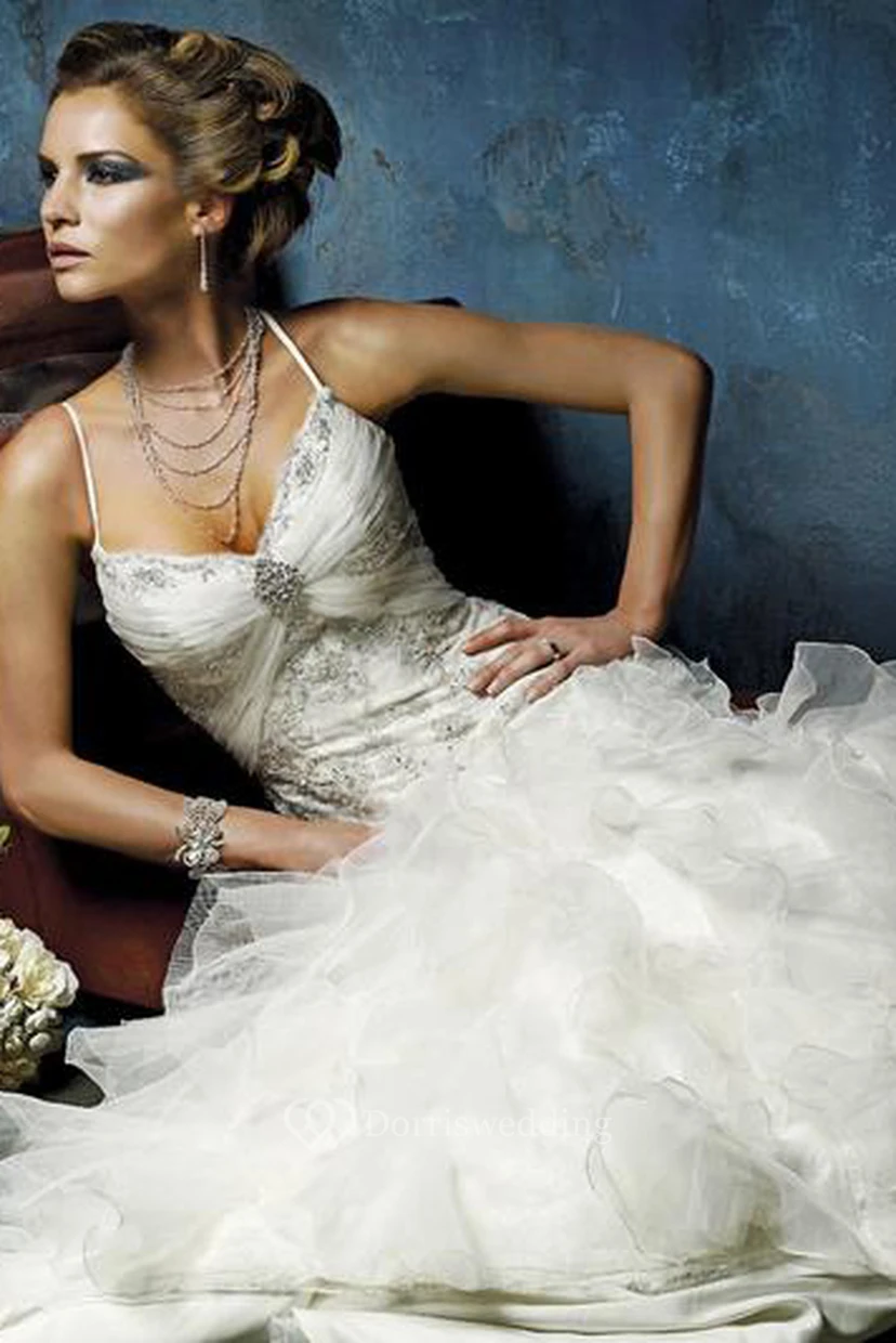 A-Line Long Sleeveless Cascading-Ruffle Spaghetti Organza Wedding Dress With Broach And Beading view 4