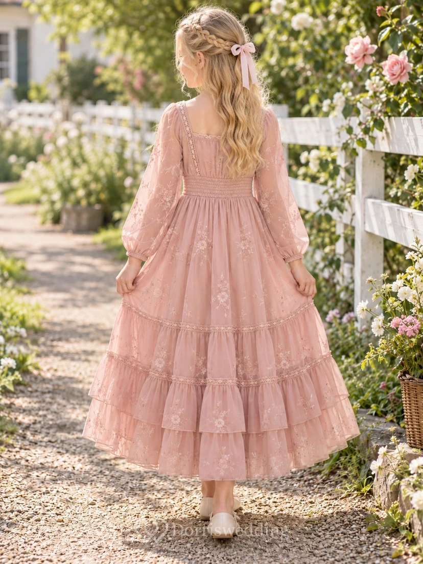 Boho-Kleid für Blumenmädchen, langärmelig, rosa, mit eckigem Ausschnitt, Stufenrock aus Tüll, Blumenmädchenkleid view 2