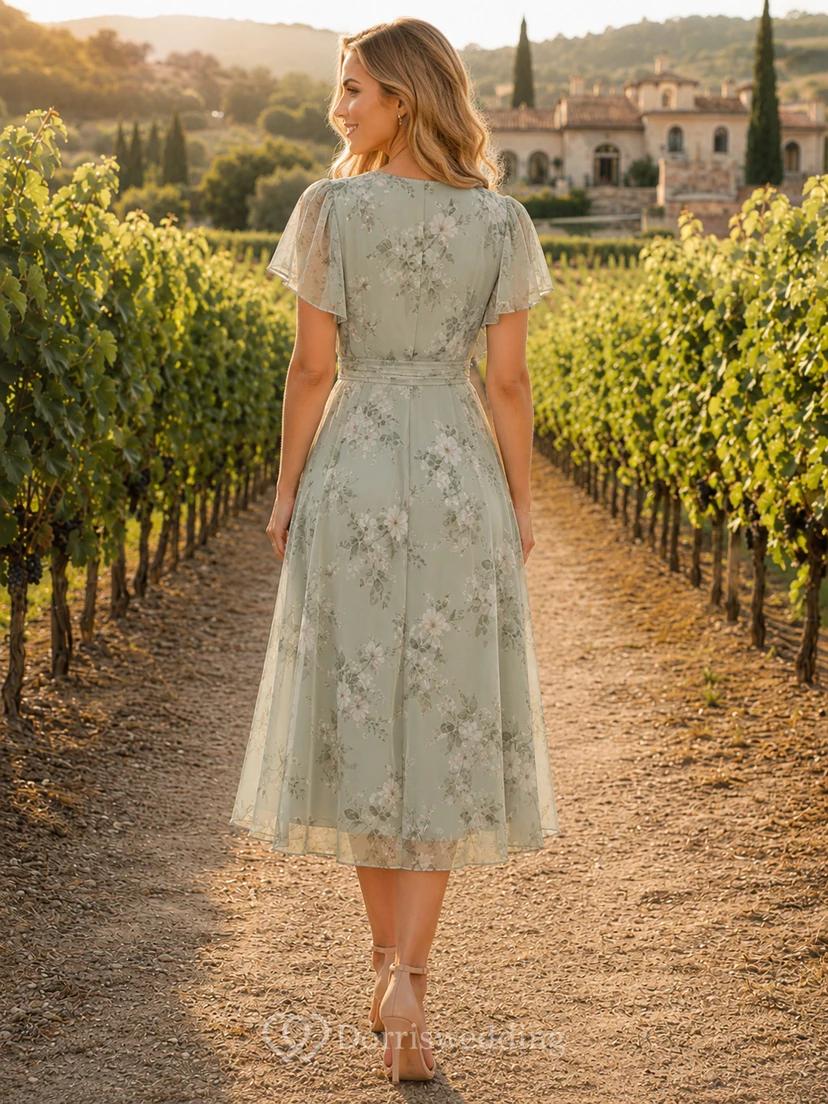 Sage Vineyard Garden Hochzeitsgast-Brautjungfern-Cocktailkleid, A-Linie, Teelänge, V-Ausschnitt, kurze Ärmel, Chiffon mit Blumenmuster, bestickt, Reißverschluss hinten view 2
