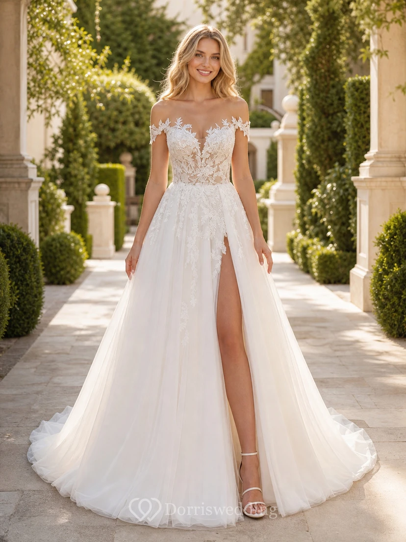 Robe de mariée champêtre en tulle à épaules dénudées et fente haute en dentelle view 3
