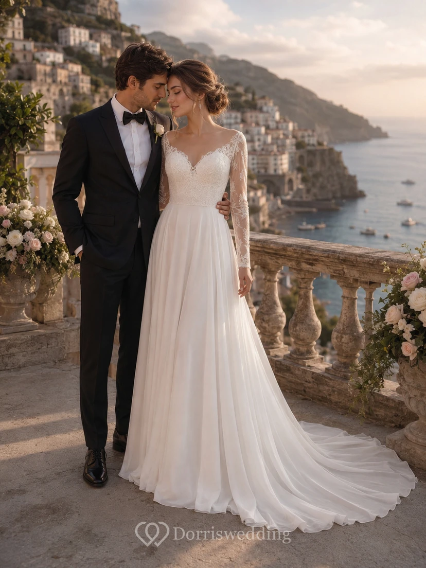 Lässiges Chiffon-Hochzeitskleid mit V-Ausschnitt und langen Ärmeln view 4