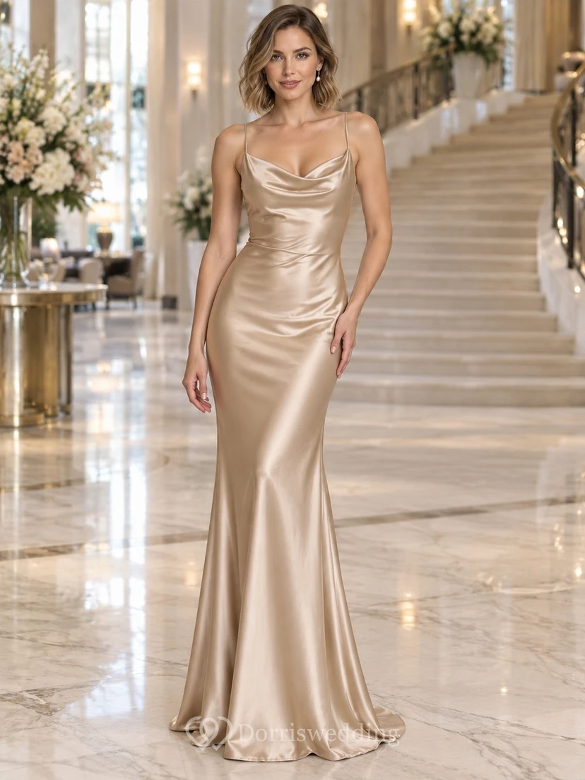 Vestido de invitada de boda sencillo, color champán, corte recto, escote drapeado, tirantes finos, sin mangas, de satén, con falda acampanada y largo hasta el suelo.