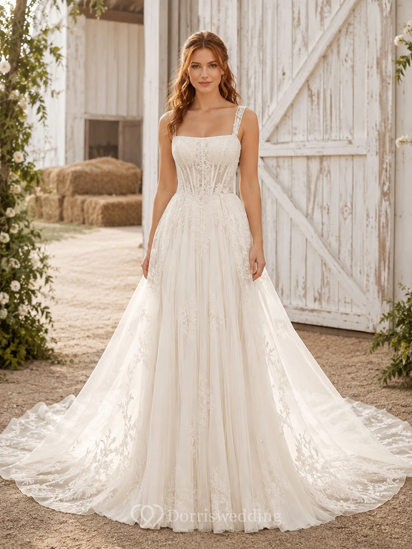 Robe de mariée champêtre en dentelle et tulle, coupe trapèze, col carré, sans manches, traîne chapelle