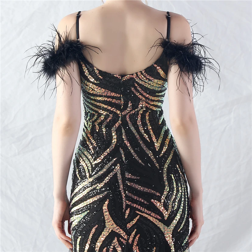 Crafted Ostrich Feather Stacked Sequins Splicing Mesh Gauze High-End Evening Dress Clothes view 17