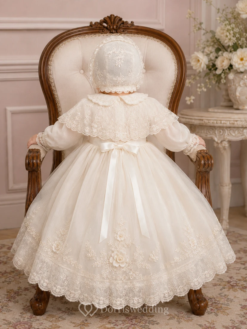 Vintage Baby Baptism Christening Ceremony Dress A-Line Knee-Length Jewel Neck Puff Sleeve Tulle Lace Floral Detail Floral Applique Button Back view 2