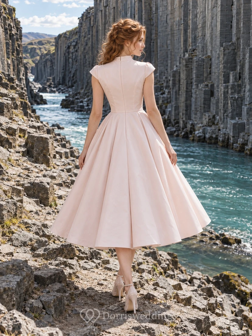 Tea Length Blush High Neck Cap Sleeve Taffeta Wedding Dress with Full Skirt view 2