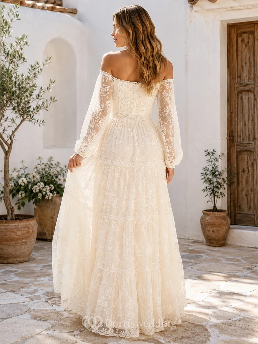 Boho Off-Shoulder Long Bell Sleeve Floral Lace A-Line Floor-Length Formal Dress view 2