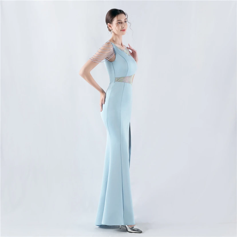 Heavy Hot Diamonds For Transparent Mesh High-Slit Satin Evening Dress Annual Meeting Wedding view 64