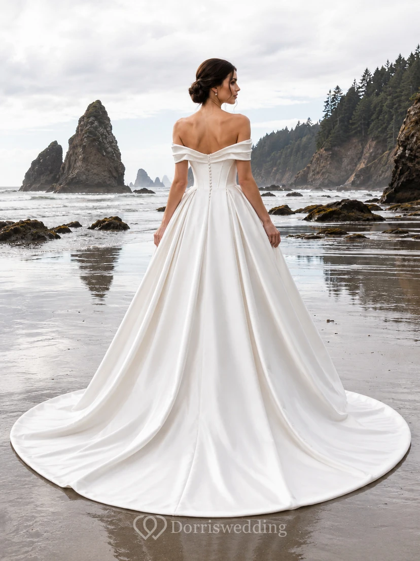 Robe de bal plissée en satin à épaules dénudées et traîne chapelle, style bord de mer view 2
