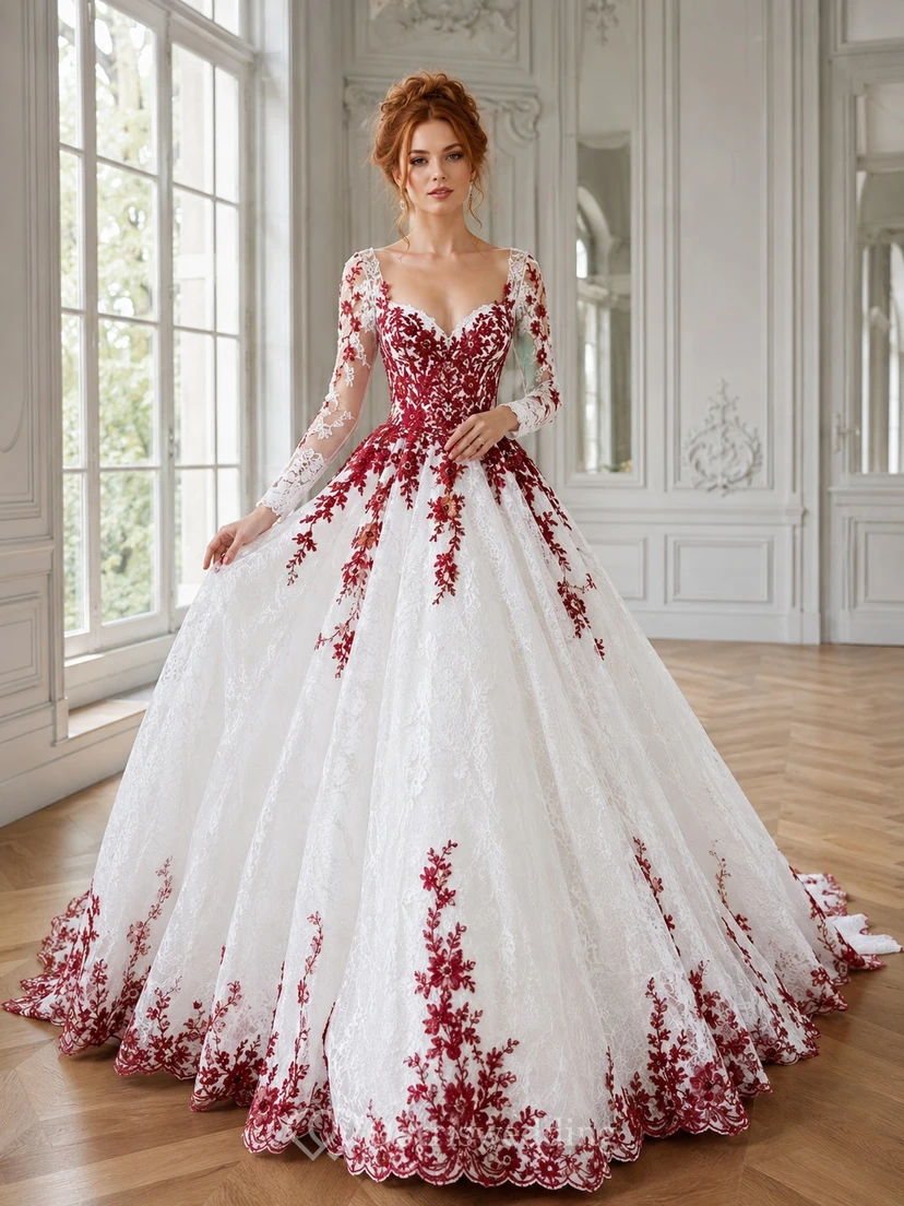 Rotes Brautkleid aus Tüll mit floraler Spitze, langen Ärmeln und herzförmigem Ausschnitt, Kapellenschleppe