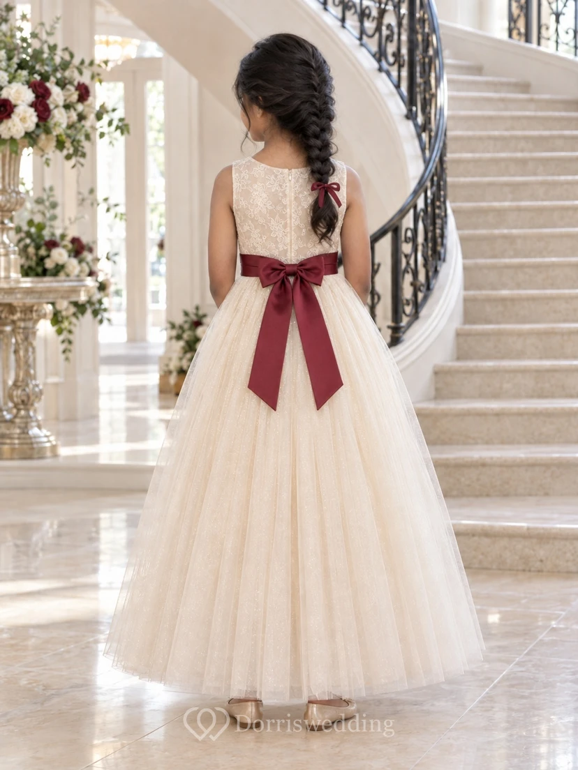 Ivory Floral A-line Tulle Sleeveless Ankle-length Burgundy-sashed Rosette-waist Flower Girl Dress view 2