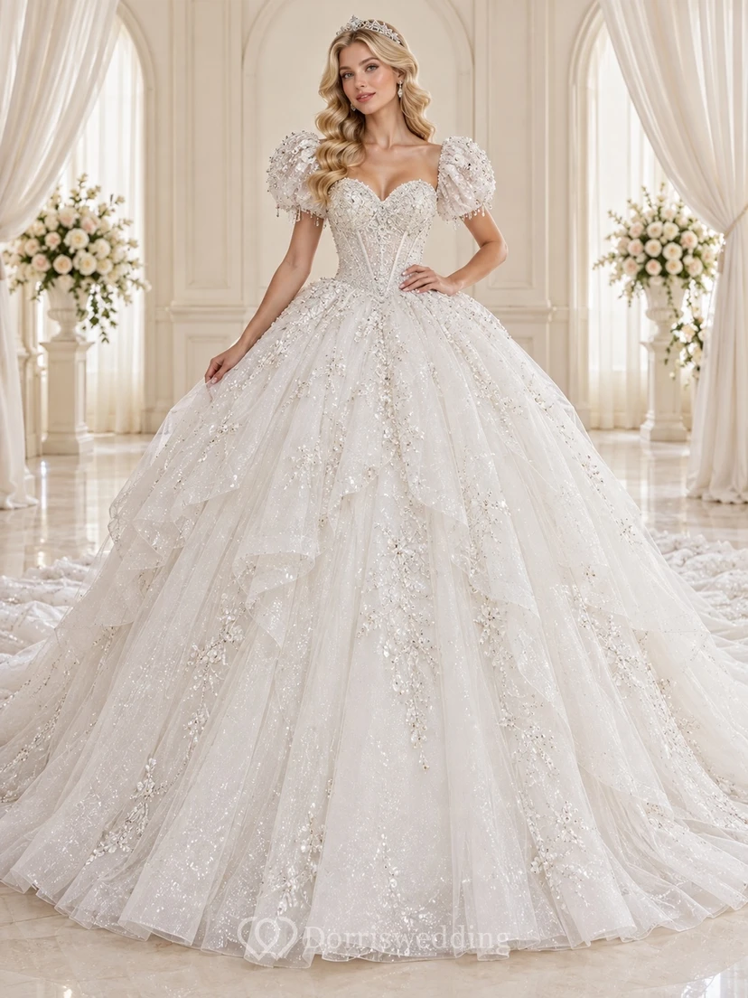 Vestido de novia de corte princesa con escote corazón, mangas abullonadas, cascadas de tul con cuentas y cola de corte.