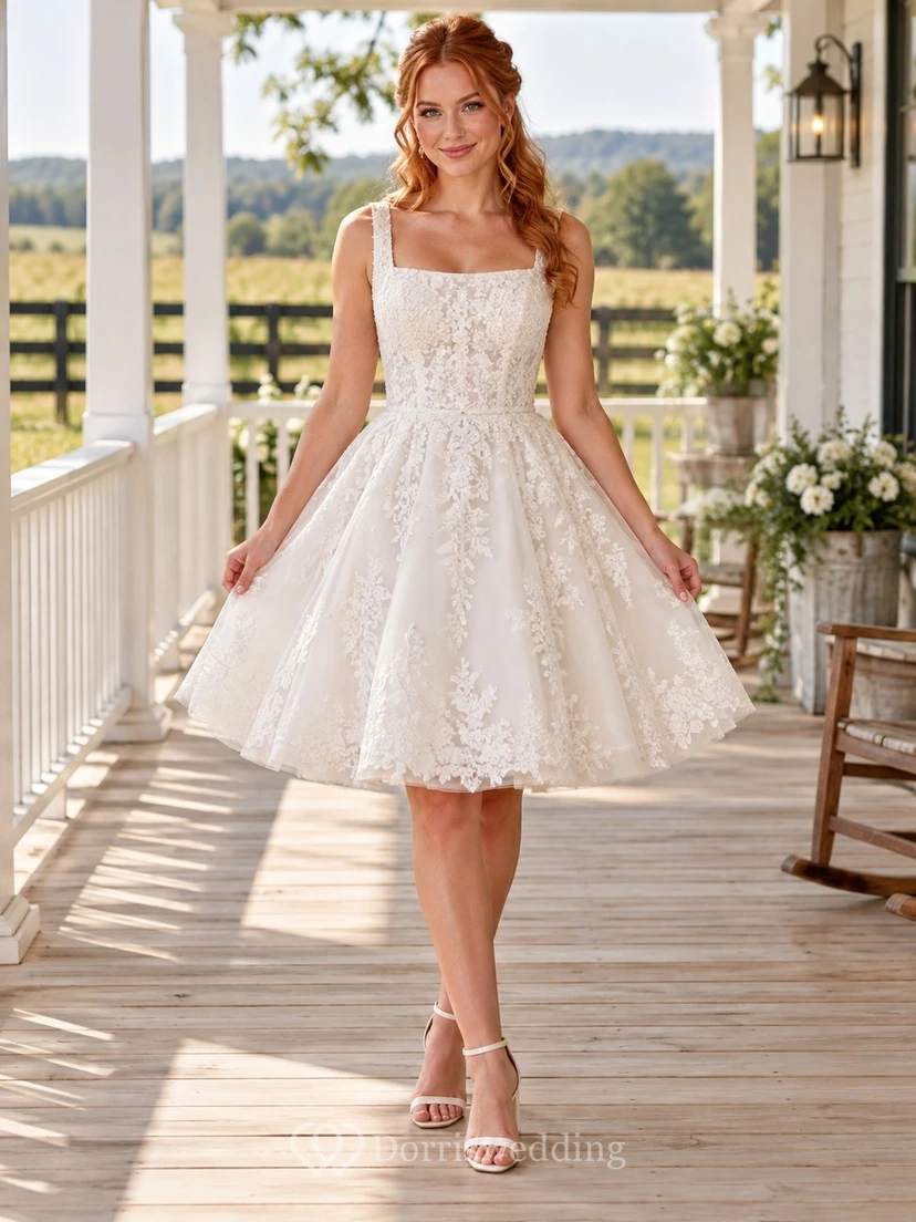 Square Neck Country Knee Length Floral Lace Sleeveless A-line Wedding Dress