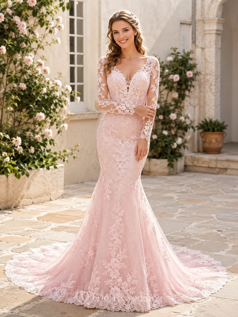 Vestido de novia elegante y romántico de manga larga estilo sirena boho, edición A de encaje.