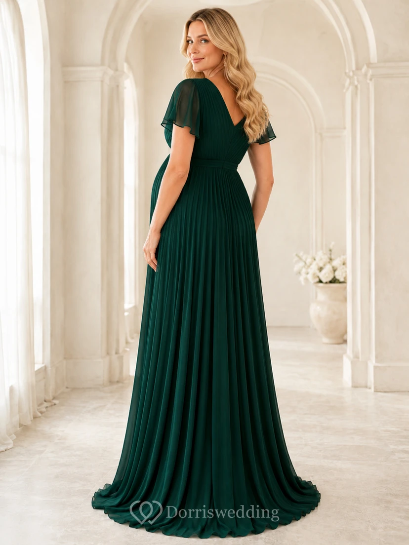 Elegantes, dunkelgrünes Umstandskleid im Empire-Stil mit V-Ausschnitt und kurzen Ärmeln aus Chiffon, smaragdgrün, bodenlang. view 2