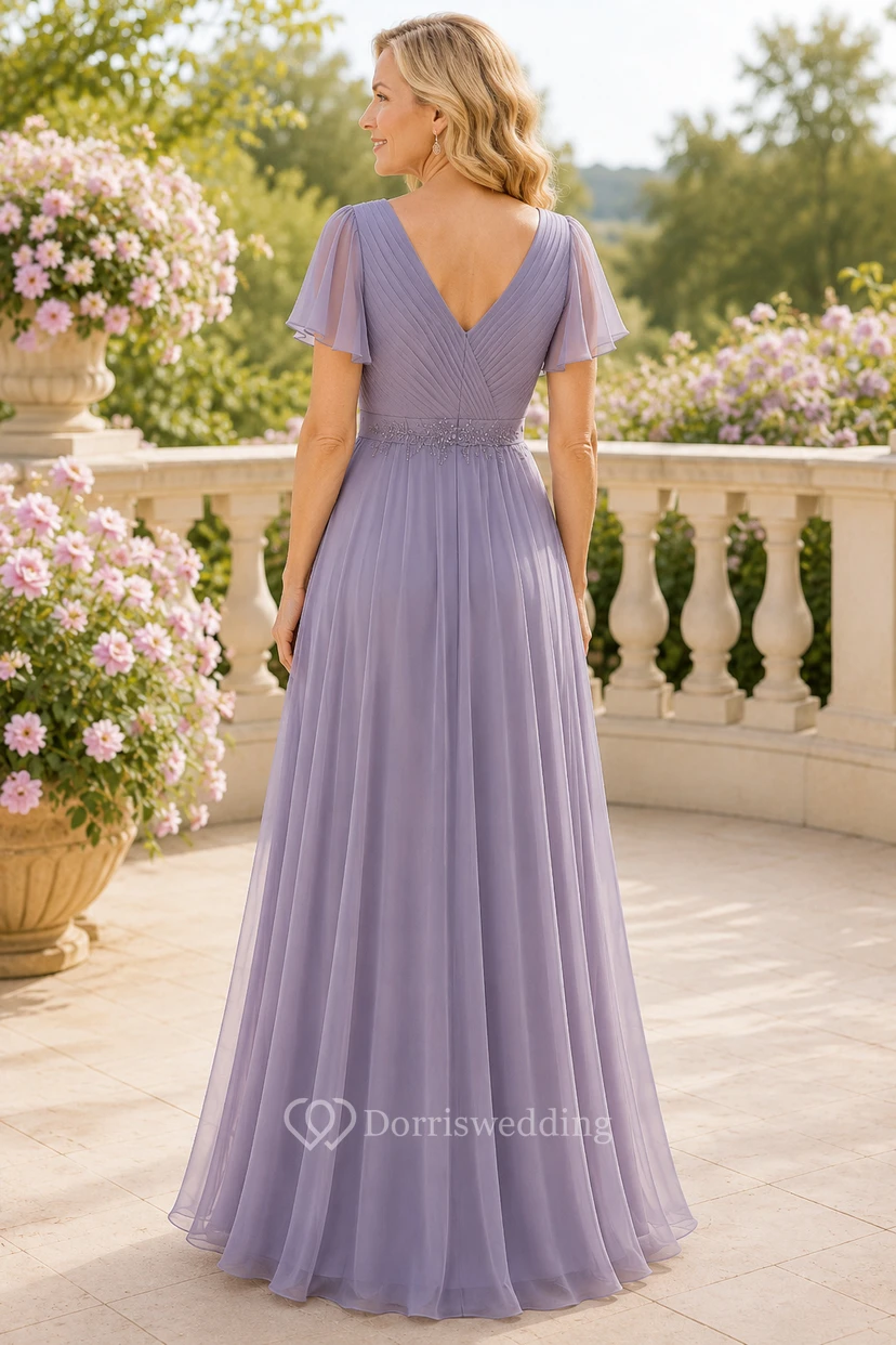 Lilac V-Neck Chiffon A-Line Mother Dress with Flutter Sleeves view 2