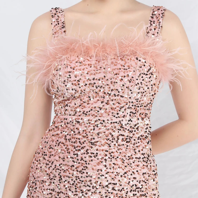 Craft Ostrich Feather Velvet Sequined Evening Dress view 9