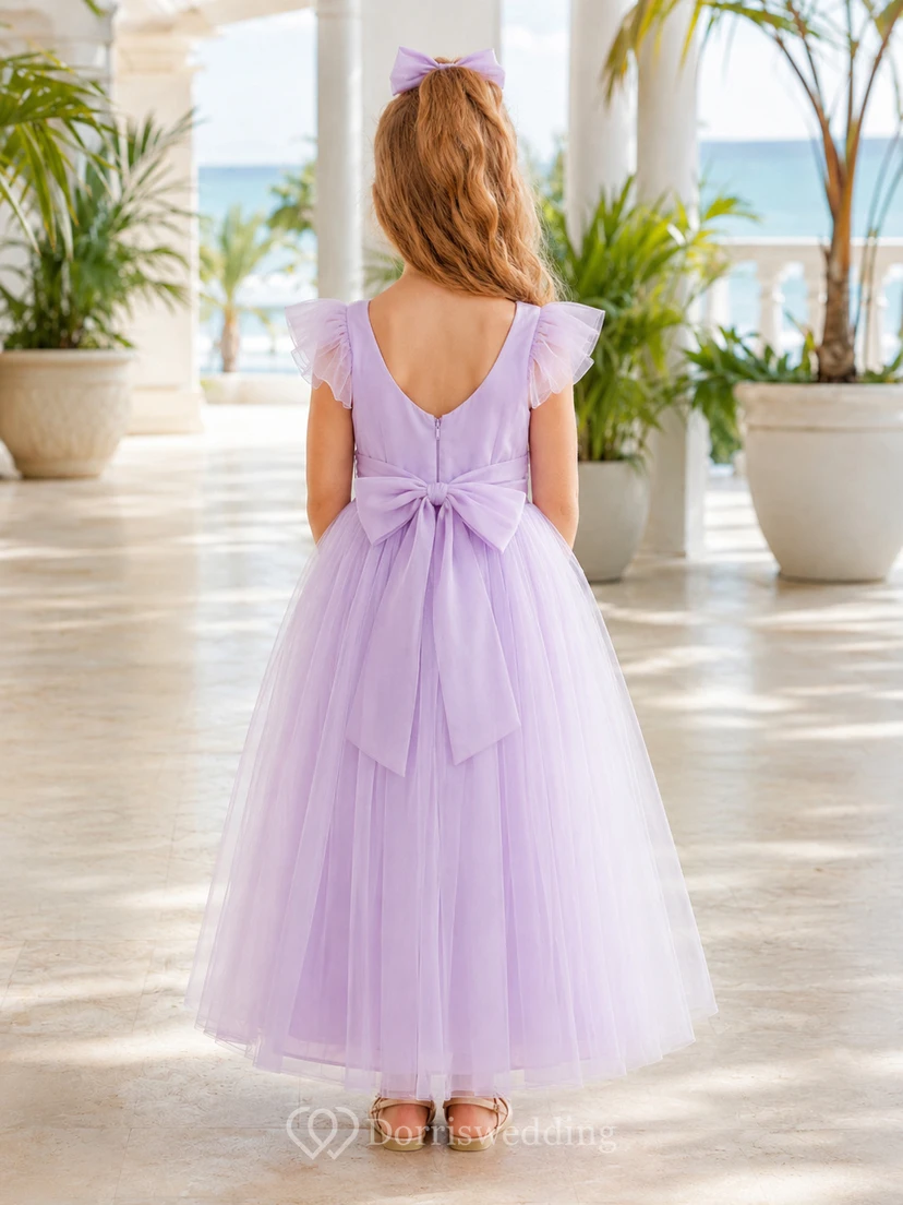 Blumenmädchenkleid aus lavendelfarbenem Chiffon und Tüll, A-Linie, Rundhalsausschnitt, Teelänge, mit Schärpendetails view 2
