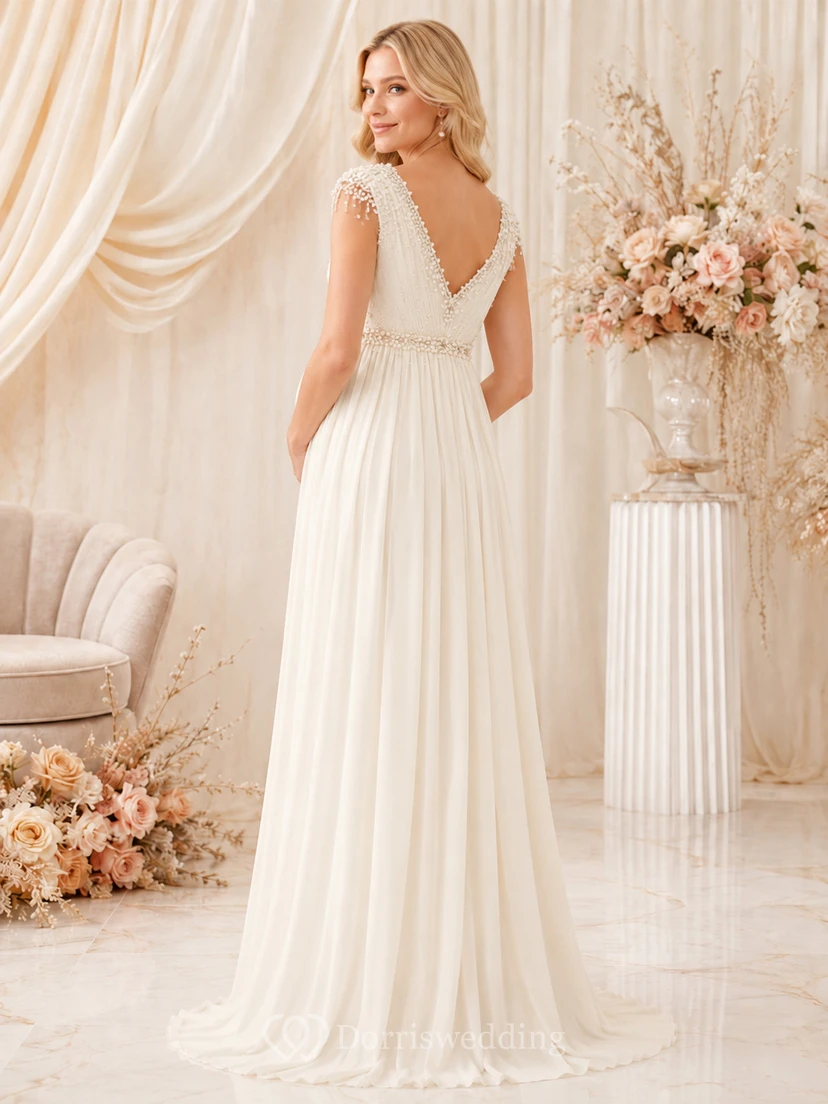 Robe de mariée romantique de maternité à col en V, manches courtes, en dentelle et mousseline, style empire view 2