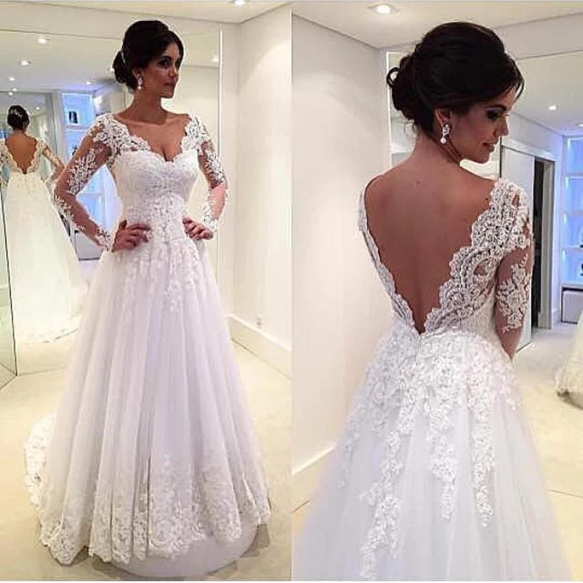 Newest Long Sleeve Tulle Lace Wedding Dress Court Train