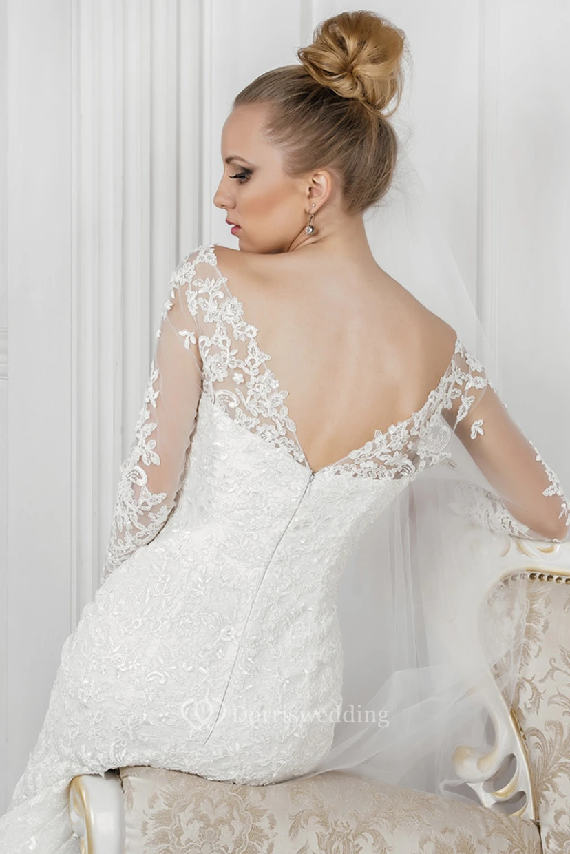 Mermaid Appliqued V-Neck 3-4 Sleeve Lace Wedding Dress With Court Train view 4