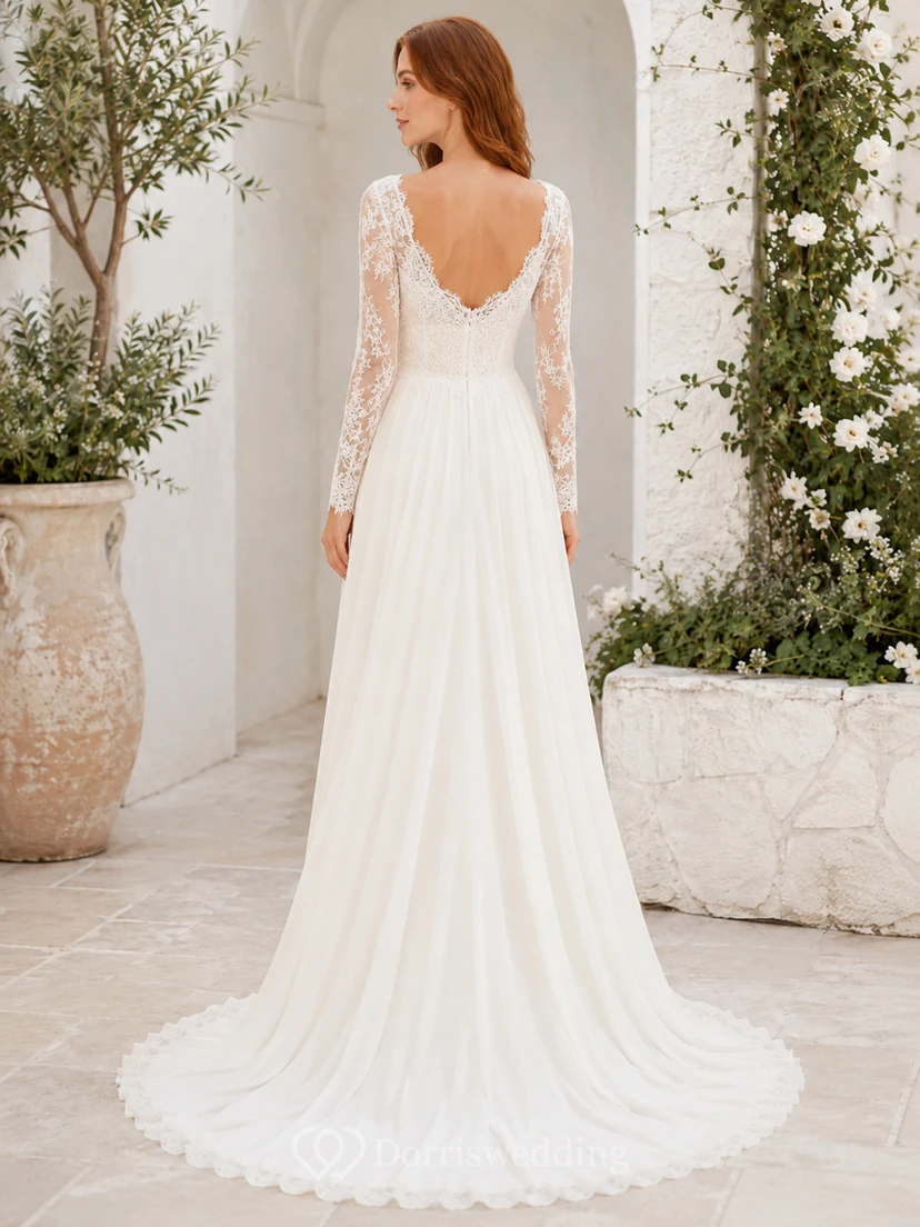 Lace Tulle Wedding Dress A-Line V-Neck Long Sleeve Sweep Train Bridal Gown view 2
