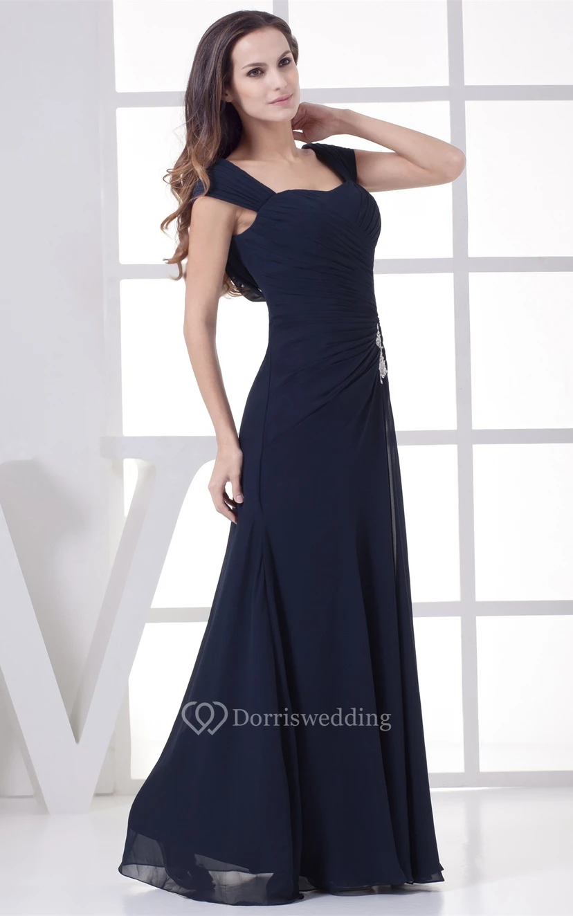 Caped-Sleeve Maxi Ruched Dress With Broach view 4