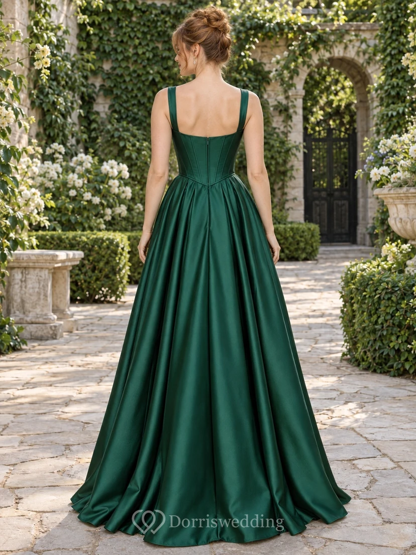Dark Green Square Neck Simple Satin Corset A-line Long Prom Dress view 2