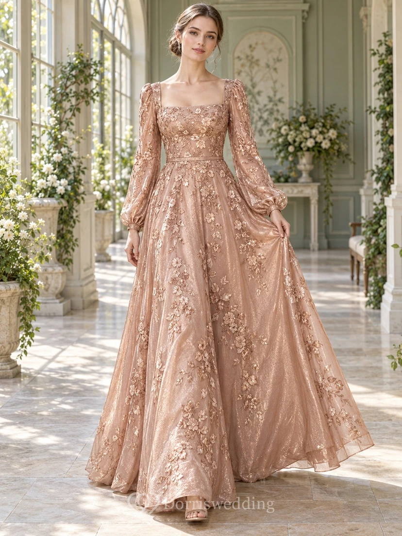 Vestido de noche formal largo hasta el suelo, corte A, con cuello cuadrado, mangas largas y apliques florales, color oro rosa