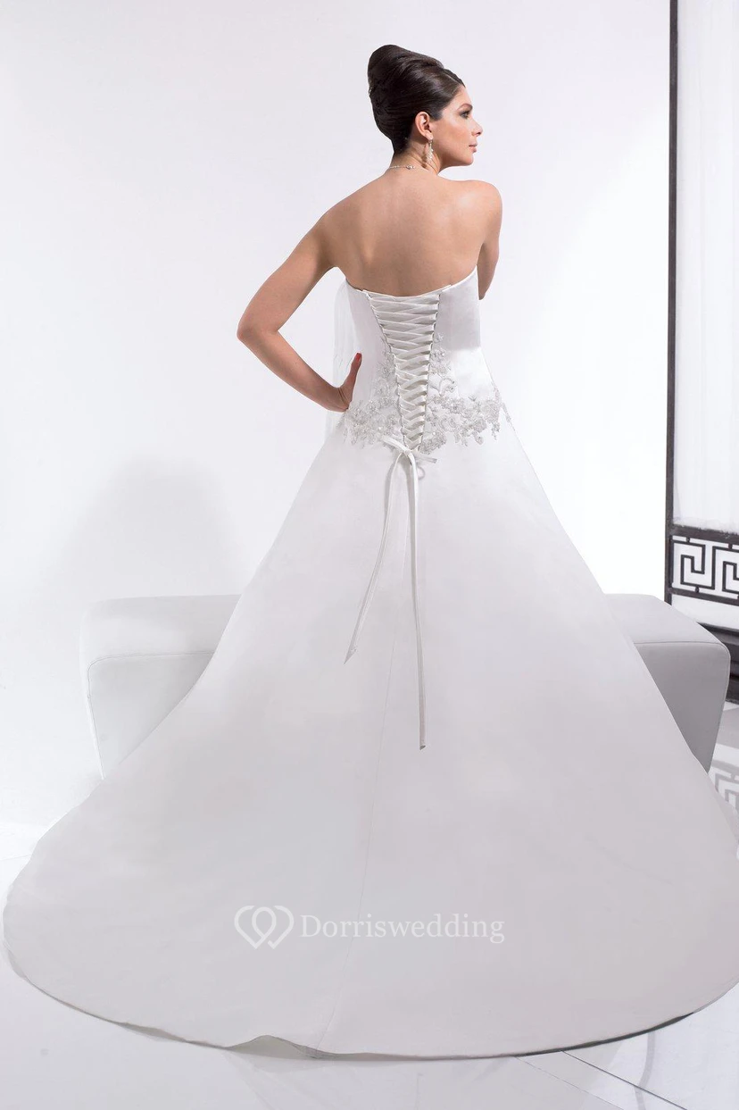 A-Line Appliqued Long Sleeveless Strapless Satin Wedding Dress With Draping And Corset Back view 2