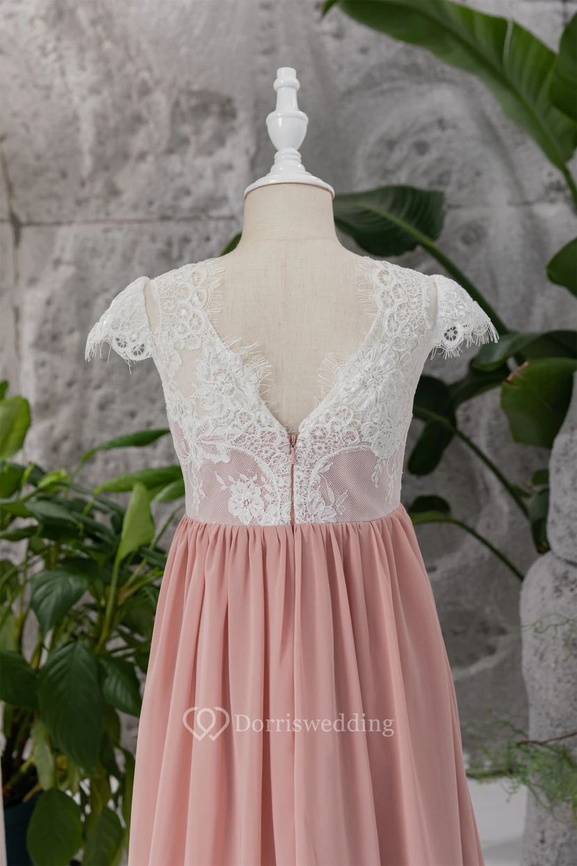 Lace Cap White and Coral Empire Chiffon Floor-length Flowergirl Dress view 7