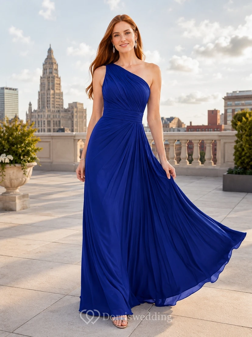 Royal Blue One-Shoulder Sleeveless Satin Formal A-Line Gown