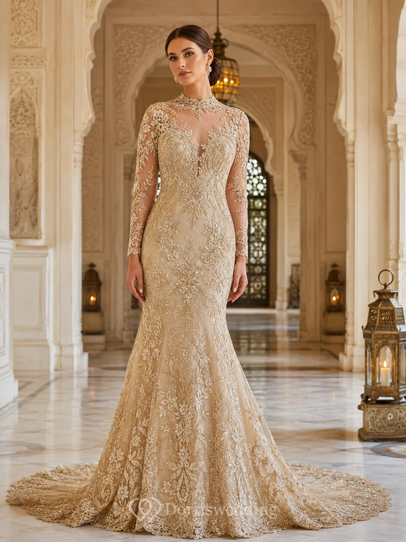 Robe de mariée sirène en dentelle perlée dorée de luxe, col montant, manches longues et effet trompe-l'œil, traîne chapelle, col montant et manches longues.