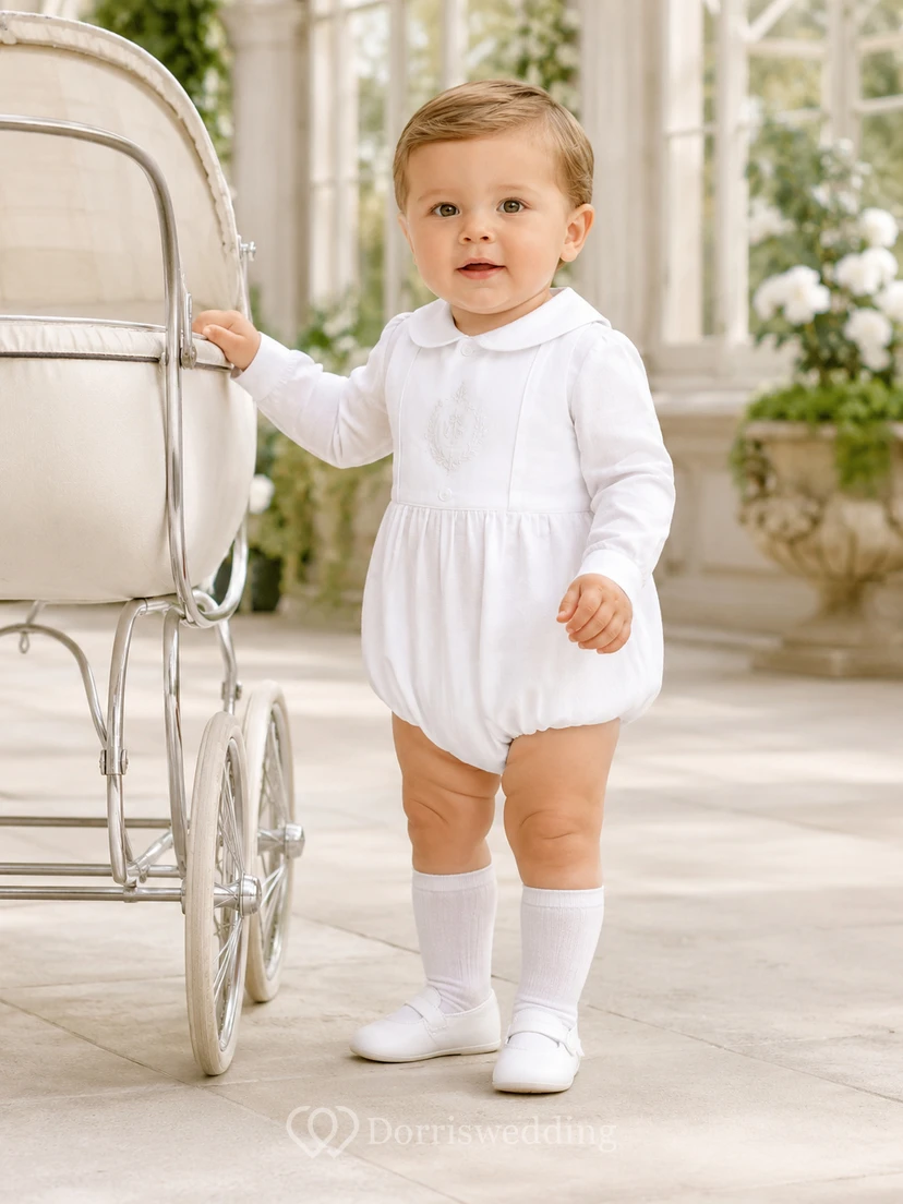 White Long Sleeve Peter Collar Gathered Baptism Bubble Romper for Baby Boy