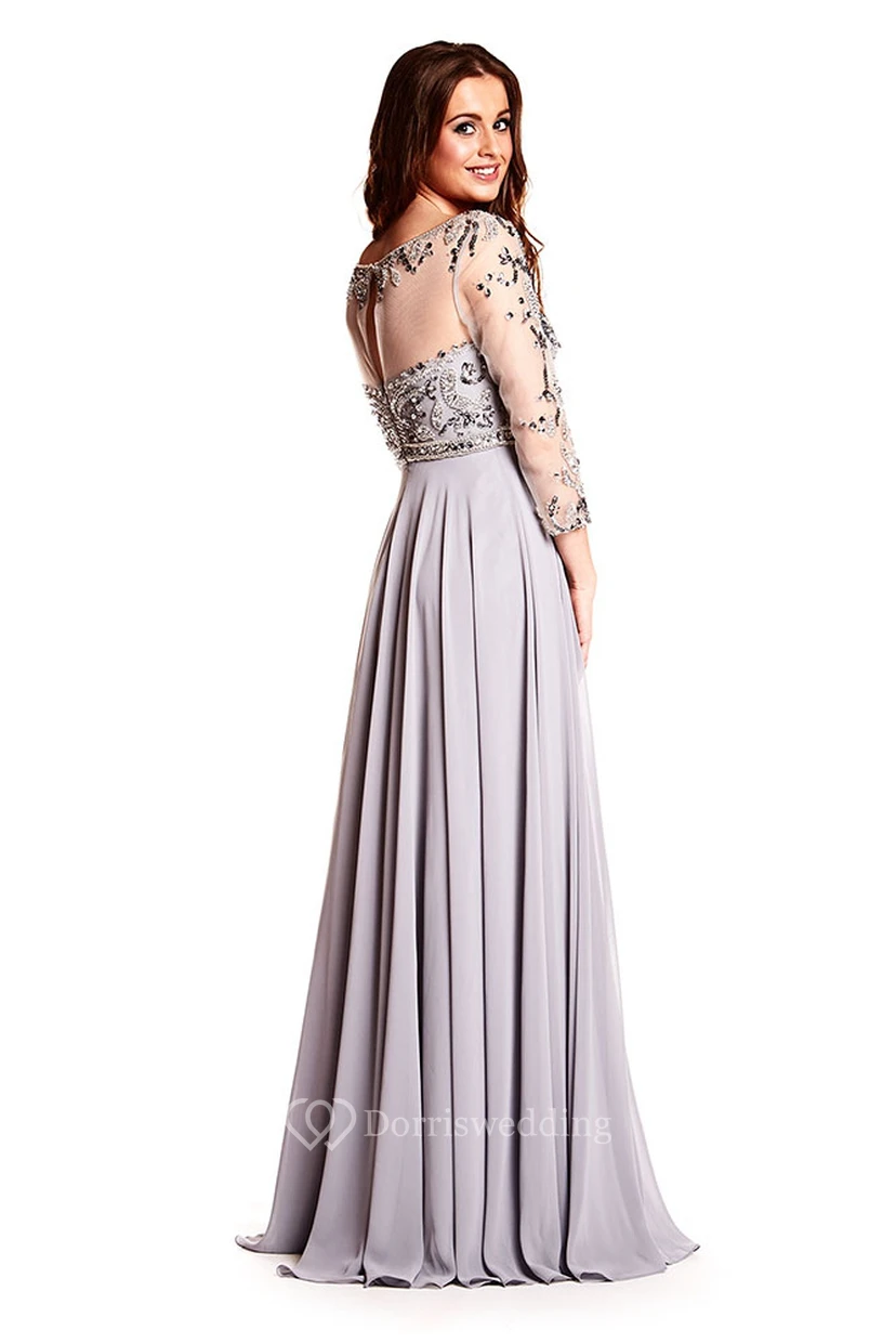Maxi Long Sleeve Beaded Scoop Neck Chiffon Prom Dress With Illusion Back view 2