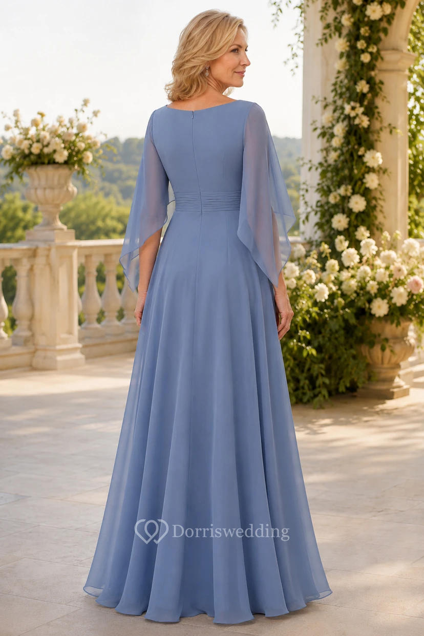 Stahlblaues A-Linien-Kleid aus Chiffon mit U-Boot-Ausschnitt und Cape-Ärmeln view 2