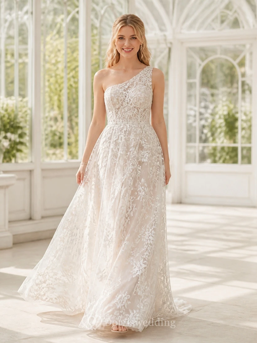 Vestido de novia romántico moderno de encaje, corte A, largo hasta el suelo y con un solo hombro