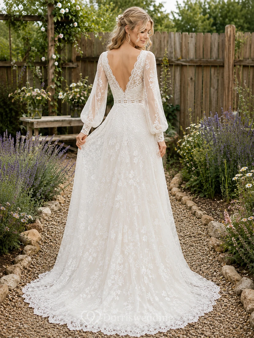 Backyard V Neck Lace Wedding A Line Long Bell Sleeve Court Train view 2