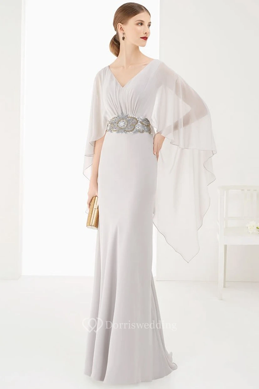 V-Neck Sheath Long Prom Dress With High Low Batwing Sleeves And Beaded Waist