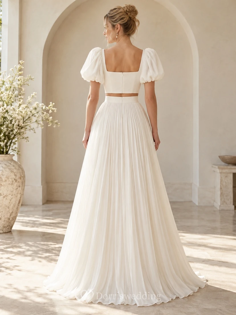 Simple Two Piece Square Neck Puff Sleeve Flowing Wedding Dress view 2