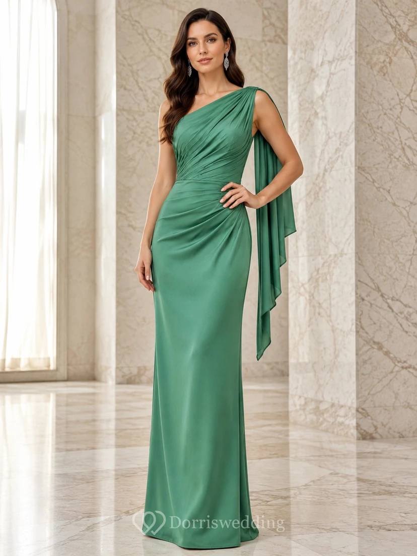 Vestido largo sin mangas de jersey verde con un solo hombro y drapeado.