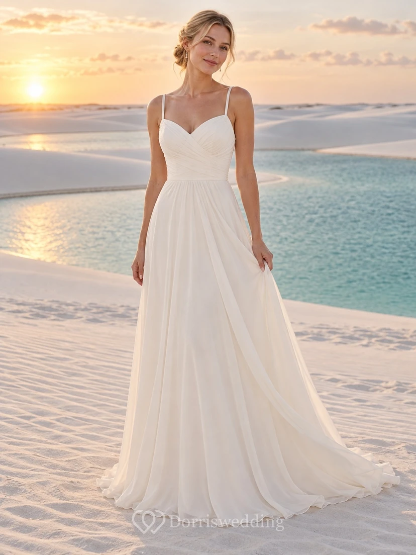 Sweetheart Chiffon Wedding Dress with Fine Straps Draped Bodice and Slim A-Line Train